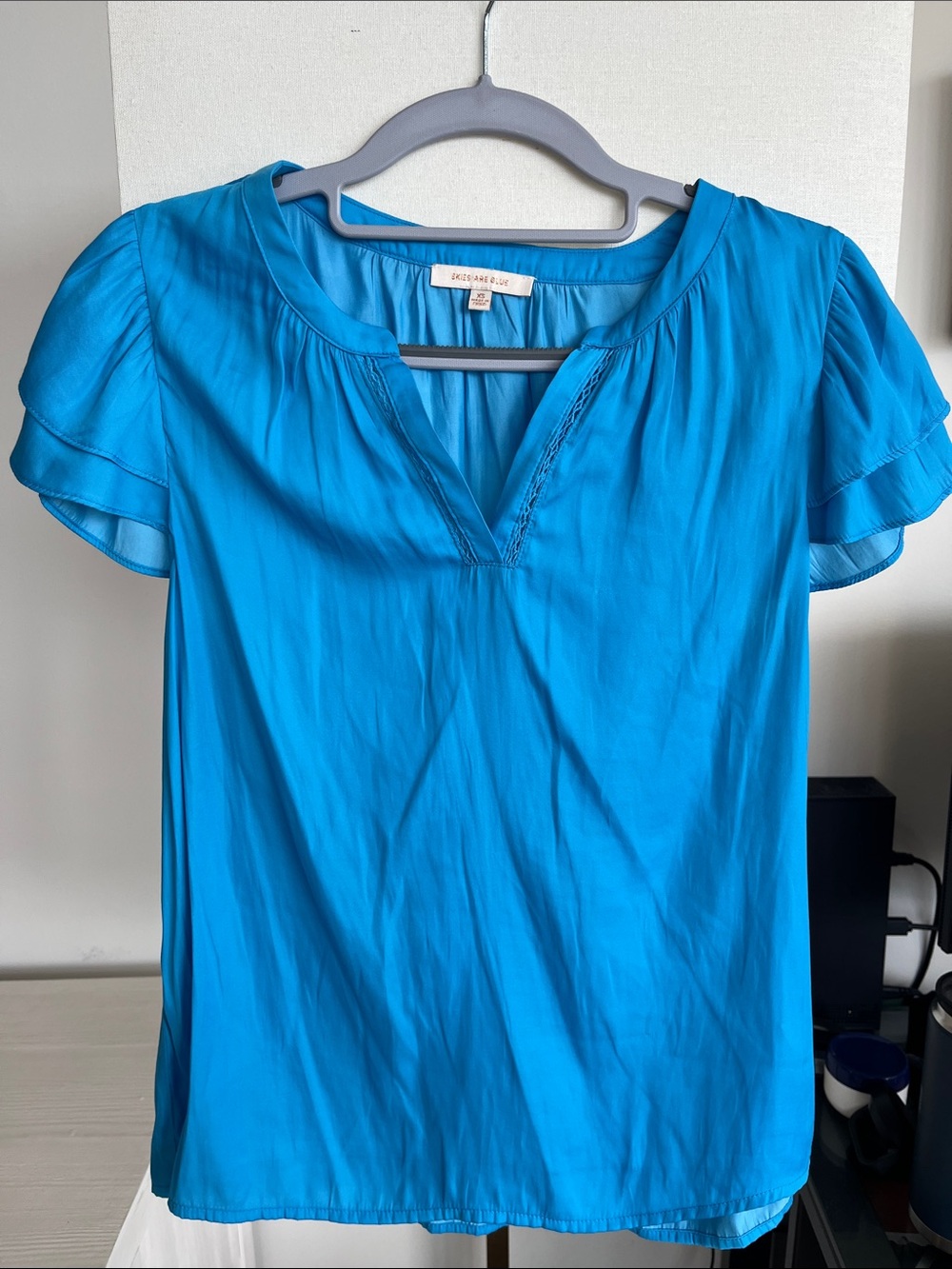 Skies Are Blue Bright Turquoise V-Neck Flutter Sleeve Blouse
